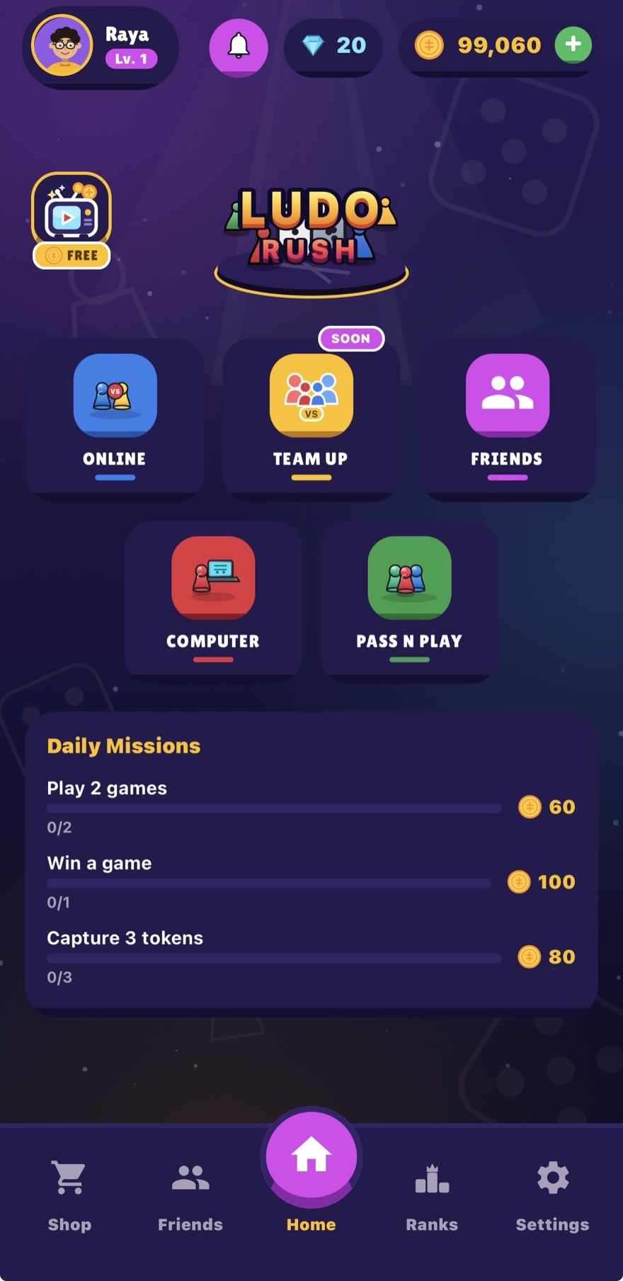 Ludo Rush home screen with play modes and daily missions